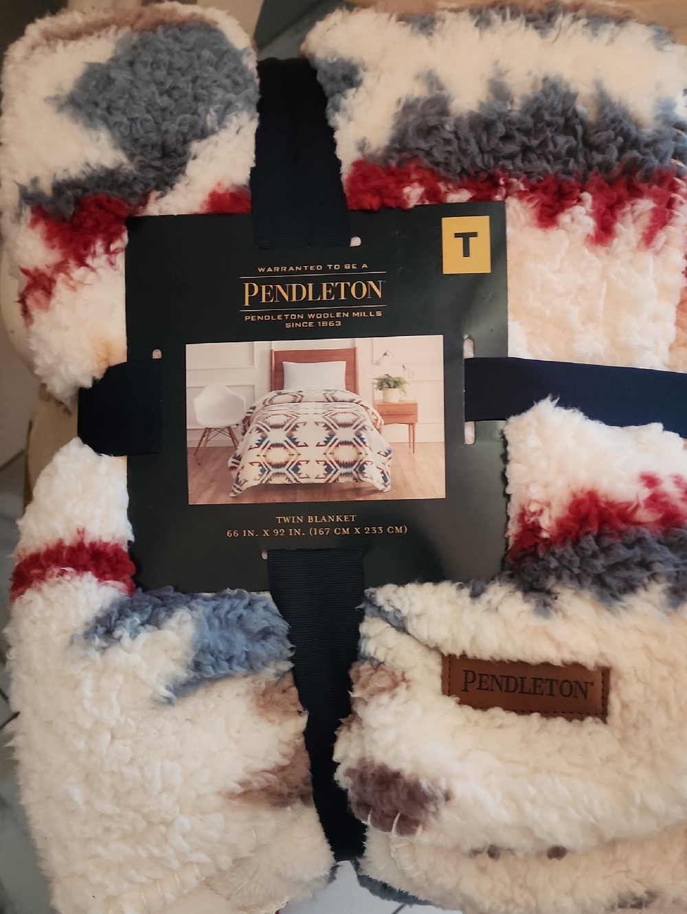 Pendleton Sherpa Blanket in Cream, Red, Blue, Gray